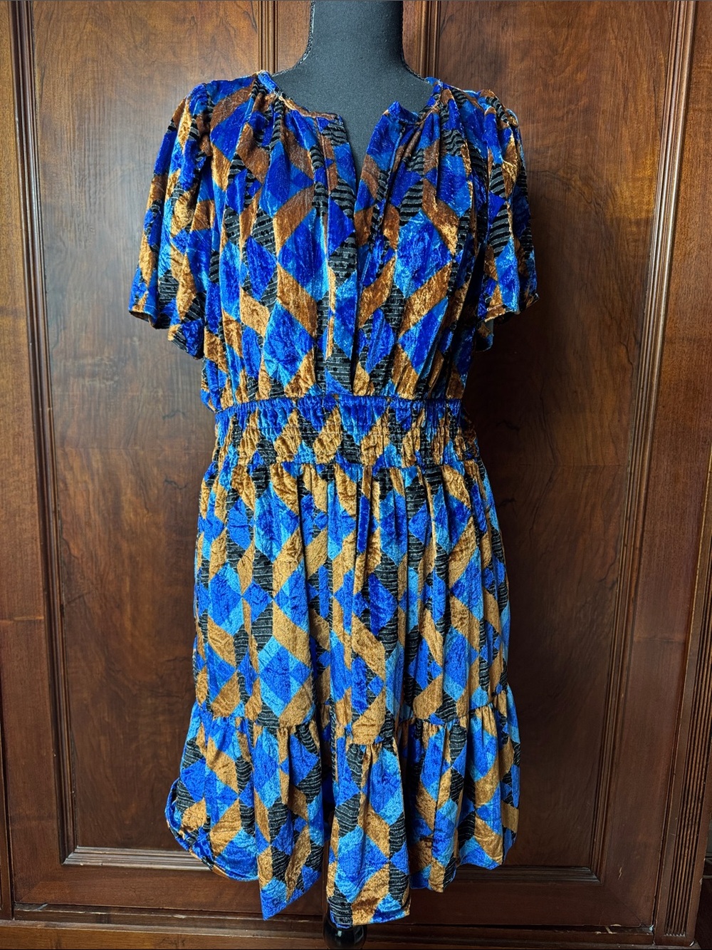Anthropologie Blue and Brown Velveteen Mini Dress